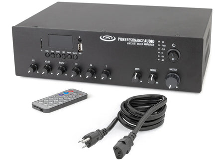 Black mixer amplifier with a display panel, multiple volume knobs, and a remote control, alongside a power cable.