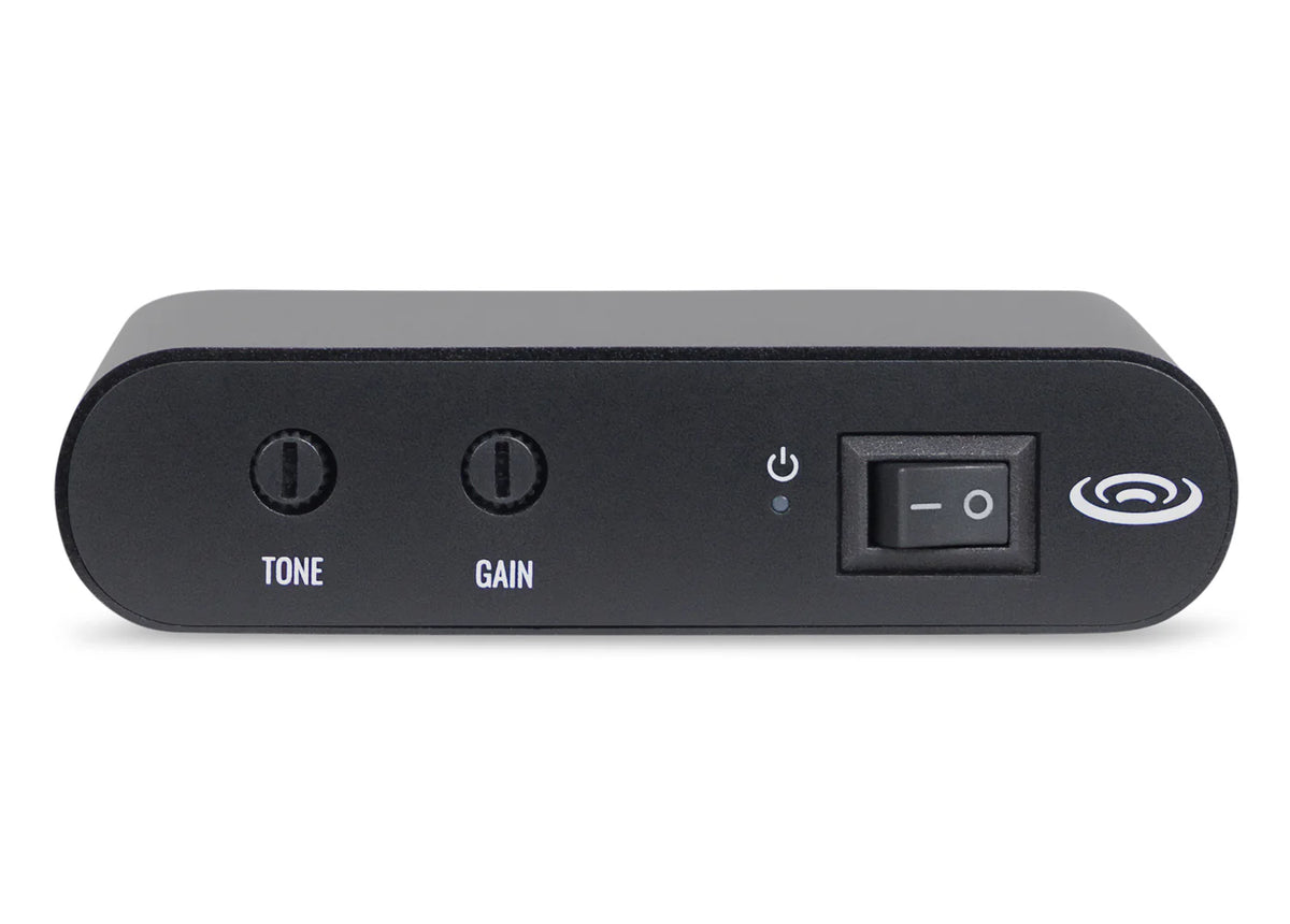 Black control unit with tone and gain knobs, a power switch, and an indicator light. Suitable for audio systems.
