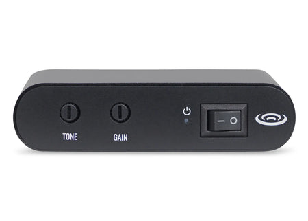 Black control unit with tone and gain knobs, a power switch, and an indicator light. Suitable for audio systems.