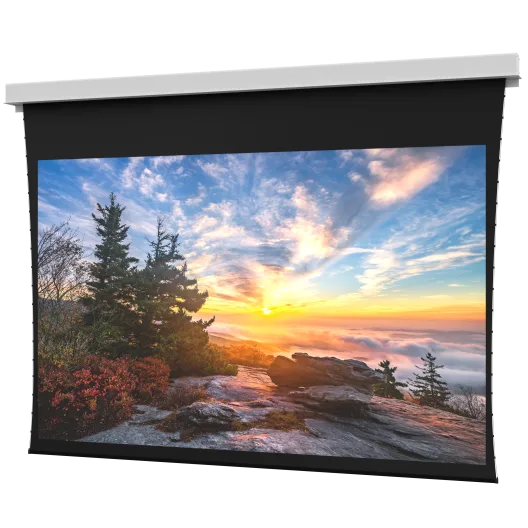 Motorized electric projection screen with a scenic sunrise image and a black border, designed for ceiling recess installation.
