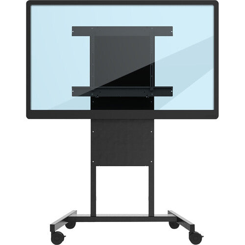 Adjustable mobile cart for 55-inch screens, featuring a black heavy-duty steel frame and four smooth-rolling casters.