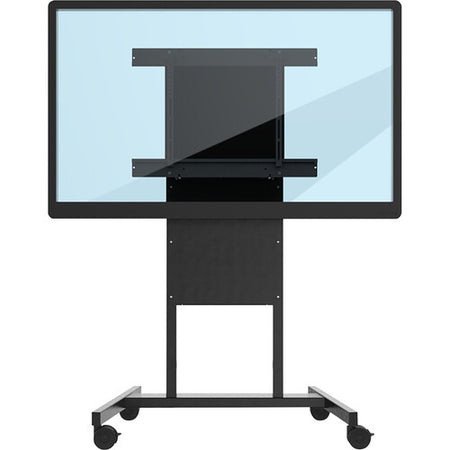 Adjustable mobile cart for 55-inch screens, featuring a black heavy-duty steel frame and four smooth-rolling casters.